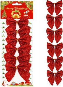 Dekoracja świąteczna Springos Kokardki świąteczne na choinkę 6 szt. brokatowe zawieszki choinkowe czerwone UNIWERSALNY 1