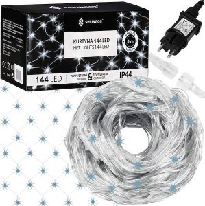 Lampki choinkowe Springos Kurtyna świetlna zimny biały 144 Led lampki wewnętrzno-zewnętrzne siatka z programatorem UNIWERSALNY 6