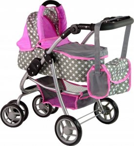 Alice Wózek Dla Lalek Spacerówka 2 w 1 Gondola Torba Różowy Gwiazdki 7