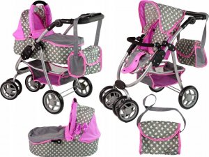Alice Wózek Dla Lalek Spacerówka 2 w 1 Gondola Torba Różowy Gwiazdki 9