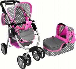 Alice Wózek Dla Lalek Spacerówka 2 w 1 Gondola Torba Różowy Gwiazdki 10