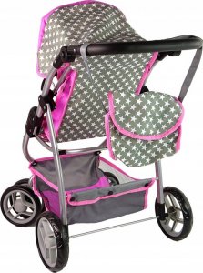 Alice Wózek Dla Lalek Spacerówka 2 w 1 Gondola Torba Różowy Gwiazdki 4