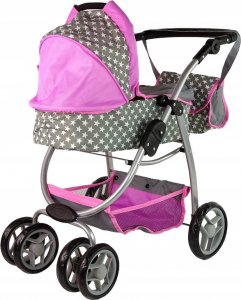 Alice Wózek Dla Lalek Spacerówka 2 w 1 Gondola Torba Różowy Gwiazdki 5