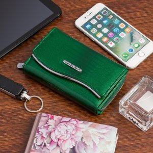 Jennifer Jones Zielony elegancki damski portfel skórzany lakier w piórka pojemny 824 NoSize 2