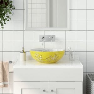 Umywalka vidaXL Umywalka nablatowa, biało-żółta, okrągła, 41x14 cm, ceramiczna Lumarko! 1