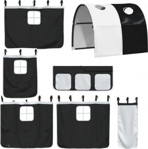 vidaXL Łóżko piętrowe z zasłonkami, biało-czarne, 75x190 cm, sosnowe 9