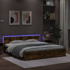 vidaXL vidaXL Rama łóżka z wezgłowiem i LED, przydymiony dąb, 200x200 cm 1