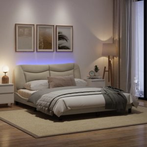 vidaXL Rama łóżka z LED, kremowa, 160x200 cm, tkanina 4