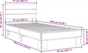 vidaXL vidaXL Rama łóżka, czarna, 75x190 cm, materiał drewnopochodny i metal 9