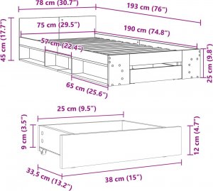 vidaXL vidaXL Rama łóżka z szufladą, przydymiony dąb, 75x190 cm 10