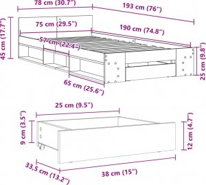 vidaXL vidaXL Rama łóżka z szufladą, brązowy dąb, 75x190 cm 10