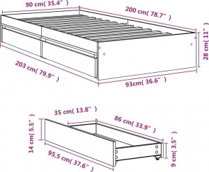 vidaXL vidaXL Rama łóżka z szufladami, przydymiony dąb, 90x200 cm 10
