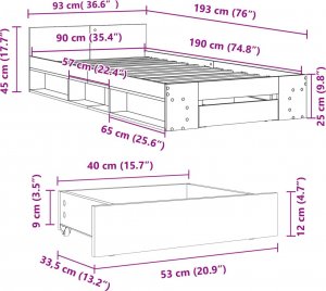 vidaXL vidaXL Rama łóżka z szufladą, dąb sonoma, 90x190 cm 10