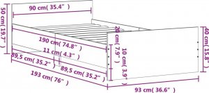 vidaXL Rama łóżka, przydymiony dąb, 90x190 cm, materiał drewnopochodny 9