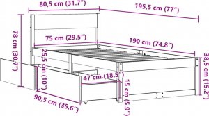 vidaXL Rama łóżka z szufladami, woskowy brąz, 75x190 cm, sosnowa 10