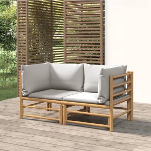 TRITON Narożne sofy ogrodowe z jasnoszarymi poduszkami, 2 szt., bambus 1