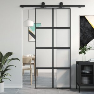 vidaXL Drzwi przesuwne, czarne, 90x205 cm, szkło hartowane, aluminium Lumarko! 1