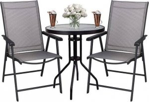 Springos Meble ogrodowe 2 krzesła i okragły stół ze szklanym blatem zestaw na taras czarno-szary UNIWERSALNY 1