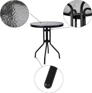 Springos Meble ogrodowe 2 krzesła i okragły stół ze szklanym blatem zestaw na taras czarno-szary UNIWERSALNY 11