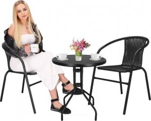 Springos Meble ogrodowe metalowe krzesła i okrągły stół ze szklanym blatem zestaw ogrodowy czarny UNIWERSALNY 1