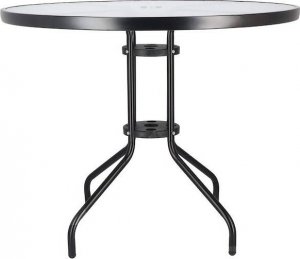 Springos Meble tarasowe dla dwóch osób: stolik kawowy z bezbarwnego szkła hartowanego, 2 krzesła metalowe do ogrodu czarne UNIWERSALNY 14