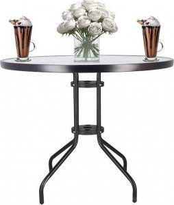 Springos Meble tarasowe dla dwóch osób: stolik kawowy z bezbarwnego szkła hartowanego, 2 krzesła metalowe do ogrodu czarne UNIWERSALNY 6