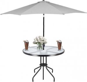 Springos Meble tarasowe dla dwóch osób: stolik kawowy z bezbarwnego szkła hartowanego, 2 krzesła metalowe do ogrodu czarne UNIWERSALNY 7