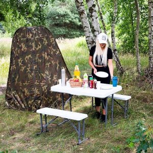 Springos Zestaw cateringowy, turystyczny stół z 2 ławkami składany na bankiet, biały UNIWERSALNY 3