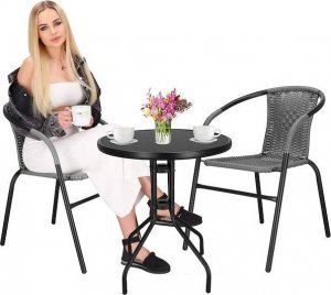 Springos Meble ogrodowe metalowe 2 krzesła i stół ze szklanym blatem zestaw ogrodowy czarno-szary UNIWERSALNY 1