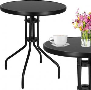 Springos Meble ogrodowe metalowe 2 krzesła i stół ze szklanym blatem zestaw ogrodowy czarno-szary UNIWERSALNY 14