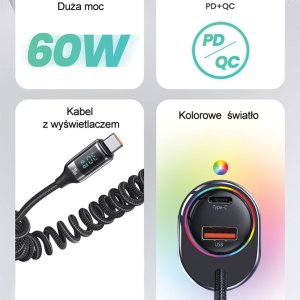 Ładowarka Usams USAMS Ład. sam. C37 1xUSB+1xUSB-C 60W + kabel USB-C 30W PD+QC Fast Charge czarny/black CC192CC01 (US-CC192) 12