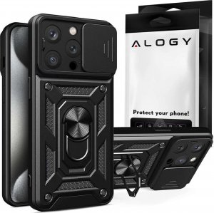 Alogy Etui pancerne do iPhone 15 Pro Camshield Case Ring Alogy Stand z osłonką na aparat slide czarne 1