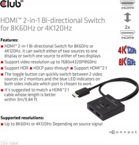 Club 3D Club3D HDMI Switch 2-in-1 bidirektional   8K60Hz/4K120Hz UHD retail 15