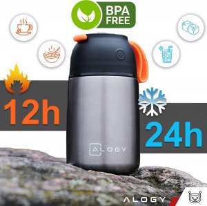 Alogy Termos obiadowy na jedzenie zupe dla dzieci 700ml Alogy ze stali nierdzewnej + składana łyżeczka termiczny szary 15