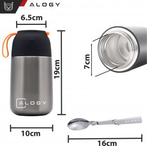 Alogy Termos obiadowy na jedzenie zupe dla dzieci 700ml Alogy ze stali nierdzewnej + składana łyżeczka termiczny szary 16