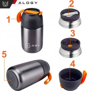 Alogy Termos obiadowy na jedzenie zupe dla dzieci 700ml Alogy ze stali nierdzewnej + składana łyżeczka termiczny szary 17