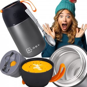 Alogy Termos obiadowy na jedzenie zupe dla dzieci 700ml Alogy ze stali nierdzewnej + składana łyżeczka termiczny szary 19