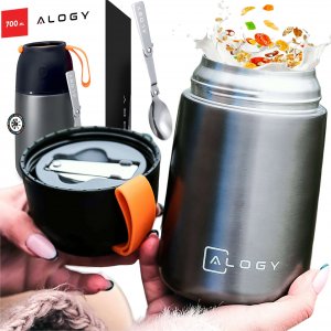 Alogy Termos obiadowy na jedzenie zupe dla dzieci 700ml Alogy ze stali nierdzewnej + składana łyżeczka termiczny szary 3