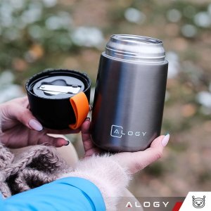 Alogy Termos obiadowy na jedzenie zupe dla dzieci 700ml Alogy ze stali nierdzewnej + składana łyżeczka termiczny szary 9