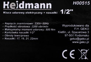 Klucz udarowy Heidmann Klucz udarowy elektryczny 1/2" + nasadki typ H(5) 13