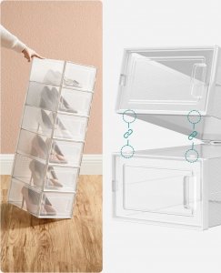 Songmics Pudełka na buty, pakiet 8 organizatorów do przechowywania buta, składane i wszechstronne dla tenisówek, przezroczysty i biały 16