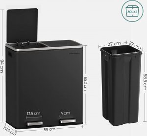 Kosz na śmieci Songmics Podwójny Kosz Na Śmieci, 2 Pojemniki Kuchenne Na Śmieci I Recykling O Pojemności 2 X 30 L Z 15 Workami Na Śmieci, Metalowy Kosz 9