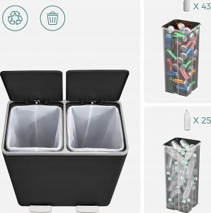 Kosz na śmieci Songmics Podwójny Kosz Na Śmieci, 2 Pojemniki Kuchenne Na Śmieci I Recykling O Pojemności 2 X 30 L Z 15 Workami Na Śmieci, Metalowy Kosz 10