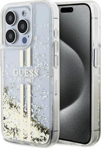 Guess Guess GUHCP15LLFCSEGT iPhone 15 Pro 6.1" transparent hardcase Liquid Glitter Gold Stripes 1