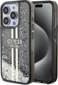 Guess Guess GUHCP15LLFCSEGK iPhone 15 Pro 6.1" czarny/black hardcase Liquid Glitter Gold Stripes 1