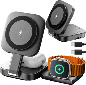 Alogy Ładowarka indukcyjna Qi Mag Safe 15W do iPhone Apple Watch AirPods bezprzewodowa 3w1 Stacja dokująca czarna 3