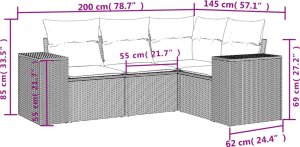 vidaXL 4-częściowy zestaw wypoczynkowy do ogrodu, poduszki, szary, rattan PE 7