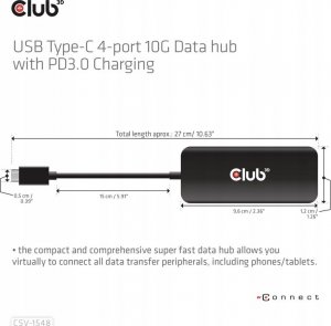HUB USB Club 3D Club3D USB-Hub Typ C > 4x USB Typ C  10Gbps + 100W PD  St/Bu retail 4