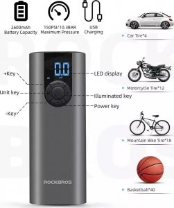 RockBros Elektryczna pompka rowerowa Rockbros 42720001001 z wyświetlaczem LED + kabel USB-C - USB-A - czarna 2