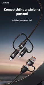 Usams Kabel USAMS US-SJ645 U85 USB-A+USB-C/USB-C, Lightning, microUSB 6w1 1,2m 100W PD Fast Charge czarny/black 8
